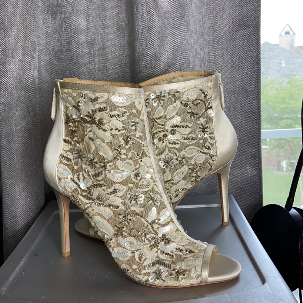 Badgley Mischka Gold Lace Peep-Toe Heel Booties